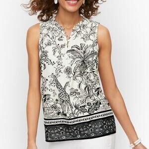 Talbots Ruffle Trim Sleeveless Blouse Jungle Friends Black/White Sz Petite XL